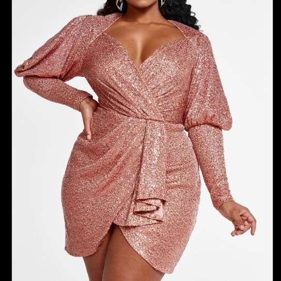 Arielle Faux Wrap Sequin Dress In Pink - Picture 1 of 3